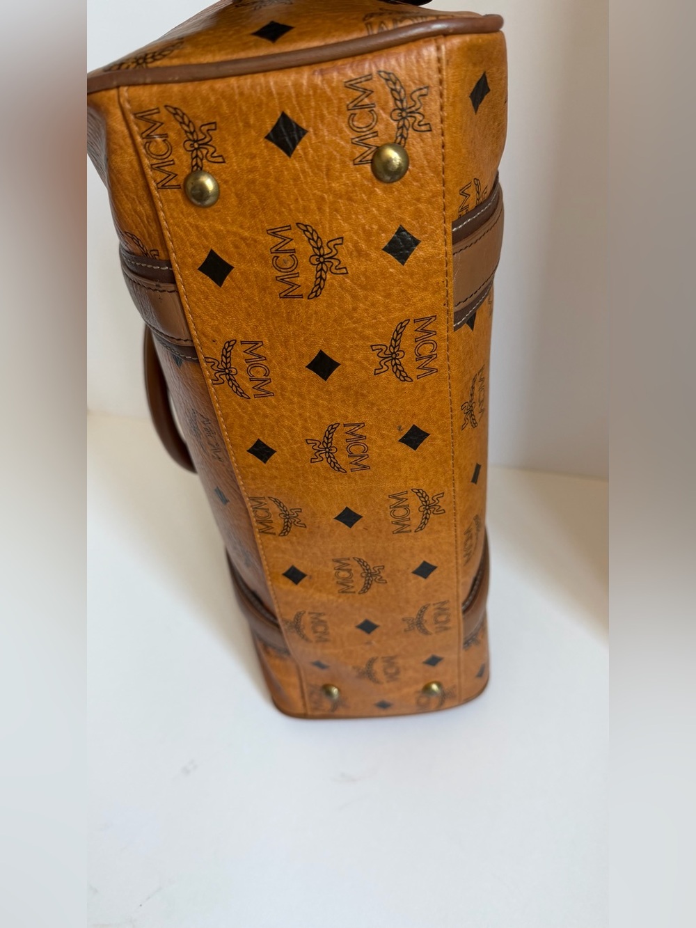 MCM Cognac Monogram Boston Satchel with Brown Trim - Picture 6 of 13